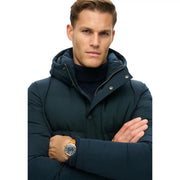 Superdry Outdoor Everest Steppjacke für Herren in Marineblau mit Kapuze und Reißverschluss, Vorderansicht