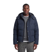 Superdry Premium-Steppjacke mit Kapuze für Herren in Marineblau mit Steppstruktur und silbernen Knöpfen, Vorderansicht