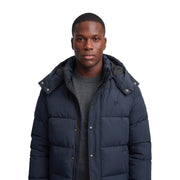 Superdry Hochwertige Steppjacke mit Kapuze für Herren in Marineblau mit Steppdesign und silbernen Knöpfen, Vorderansicht