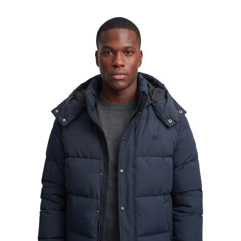 Superdry Hochwertige Steppjacke mit Kapuze für Herren in Marineblau mit Steppdesign und silbernen Knöpfen, Vorderansicht