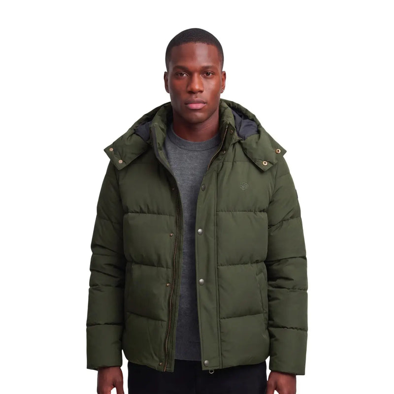 Superdry Hochwertige Steppjacke mit Kapuze für Herren aus olivgrünem Steppstoff mit silberfarbenen Beschlägen, Vorderansicht