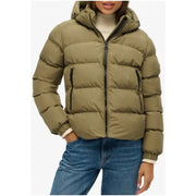 Superdry Damen-Steppjacke in Olivgrün mit Kapuze und schwarzen Reißverschlüssen