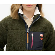 Dark green fleece quarter-zip pullover with navy blue pocket and white collar for women