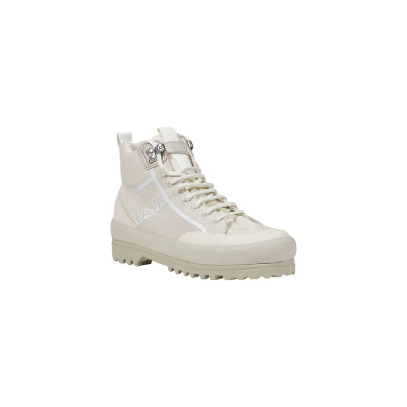 Superga women platform sneakers beige fabric with cream high-top design rugged sole and silver metal lace accents