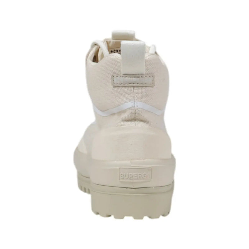 Superga women platform sneakers in beige fabric with cream canvas high-top design and chunky rubber sole with white stitching