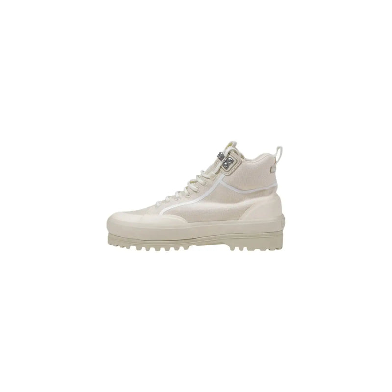Superga women platform sneakers in beige fabric with cream-colored high-top design and chunky rubber sole with metallic buckle detail