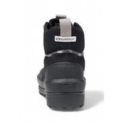 Black Superga women platform high-top sneaker with suede upper rubber sole and gray pull tab viewed from the back side