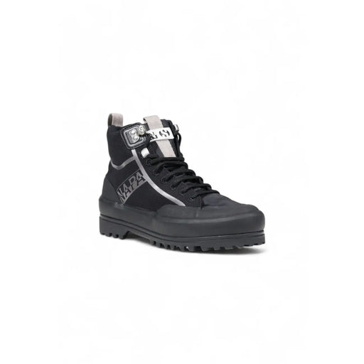 Black Superga women platform sneaker made of fabric with silver branding, laces, and a rugged rubber sole