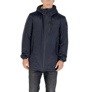 Men’s navy blue hooded jacket with zippered pockets displayed with a Tailored Cotton Blend Blazer