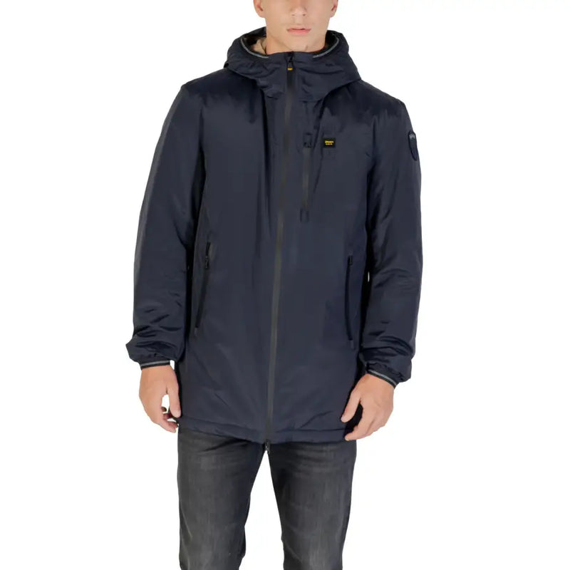 Men’s navy blue hooded jacket with zippered pockets displayed with a Tailored Cotton Blend Blazer