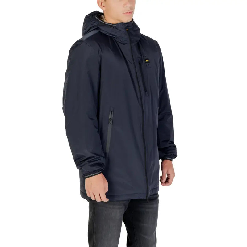 Men’s navy blue hooded parka jacket displayed with Tailored Cotton Blend Blazer product