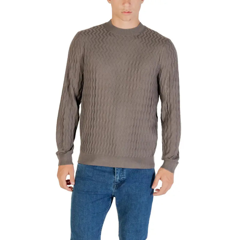 Taupe textured knit sweater displayed on Navy Blue Textured Long Sleeve Sweater product