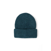 Teal knit beanie made of ribbed knit fabric with a folded cuff for a comfortable fit