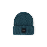 Teal ribbed knit beanie with folded cuff and black Calvin Klein logo patch made of soft knit fabric