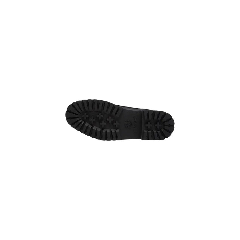 Schwarze Gummisohle mit tiefem, robustem Profil und Prägung timberland Logo auf timberland Herren-Schnürschuhe aus schwarzem Leder
