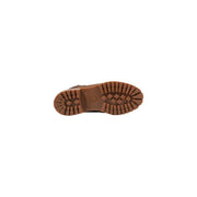Rückansicht von timberland Braune Herren-Ankle-Boots aus Leder mit brauner Gummisohle mit rautenförmigem Profil und geprägtem Logo an der Ferse