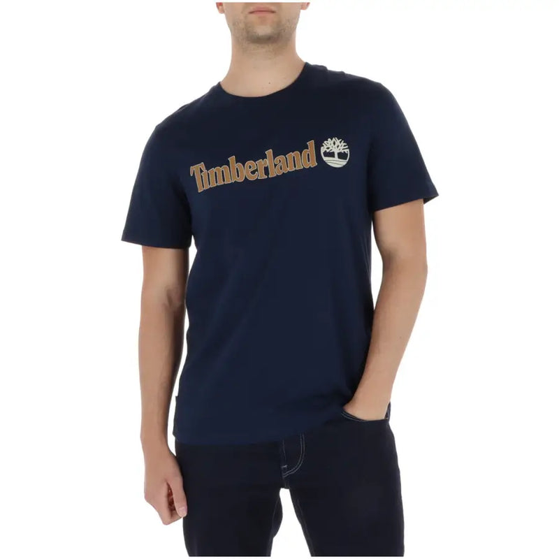 Marineblau Timberland Herren-T-Shirt aus Baumwolle mit hellbraunem und weißem Logo, Rundhalsausschnitt und kurzen Ärmeln