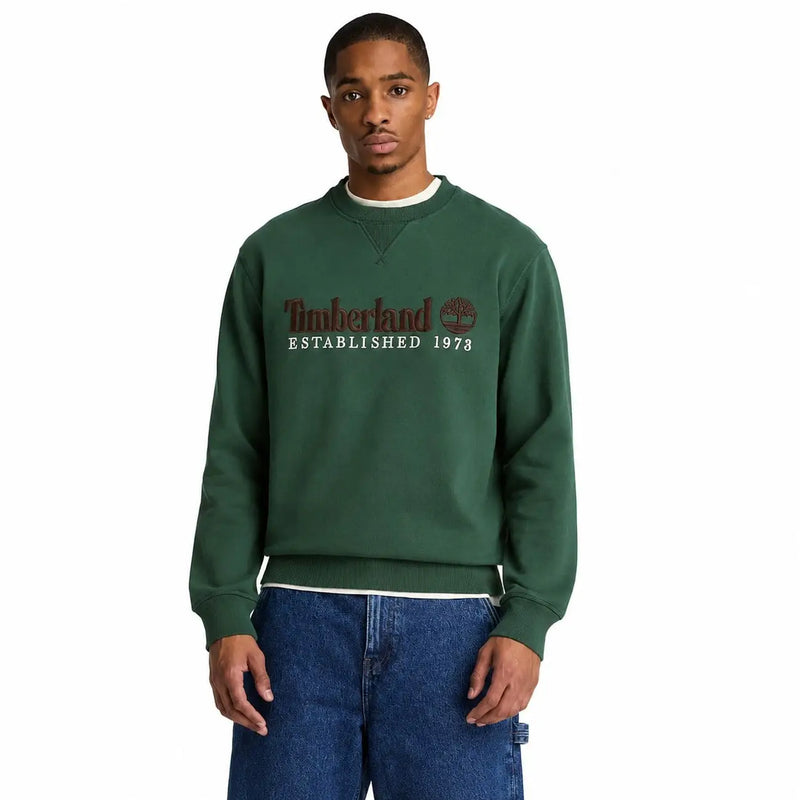 Timberland Herren-Sweatshirt aus grüner Baumwolle mit dunkelgrüner Farbe und braun-weißem Logo auf der Brust