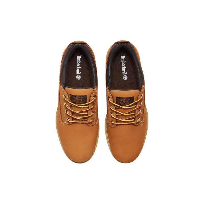 Timberland Herren-Schnürschuhe aus kamelfarbenem Leder mit robustem, hellbraunem Design und goldfarbenen Schnürsenkeln für den Alltag.