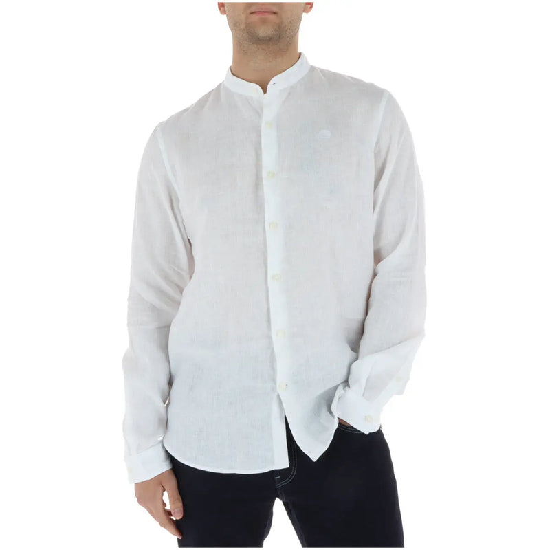 Timberland men shirt in white linen with mandarin collar and subtle chest embroidery for stylish comfort
