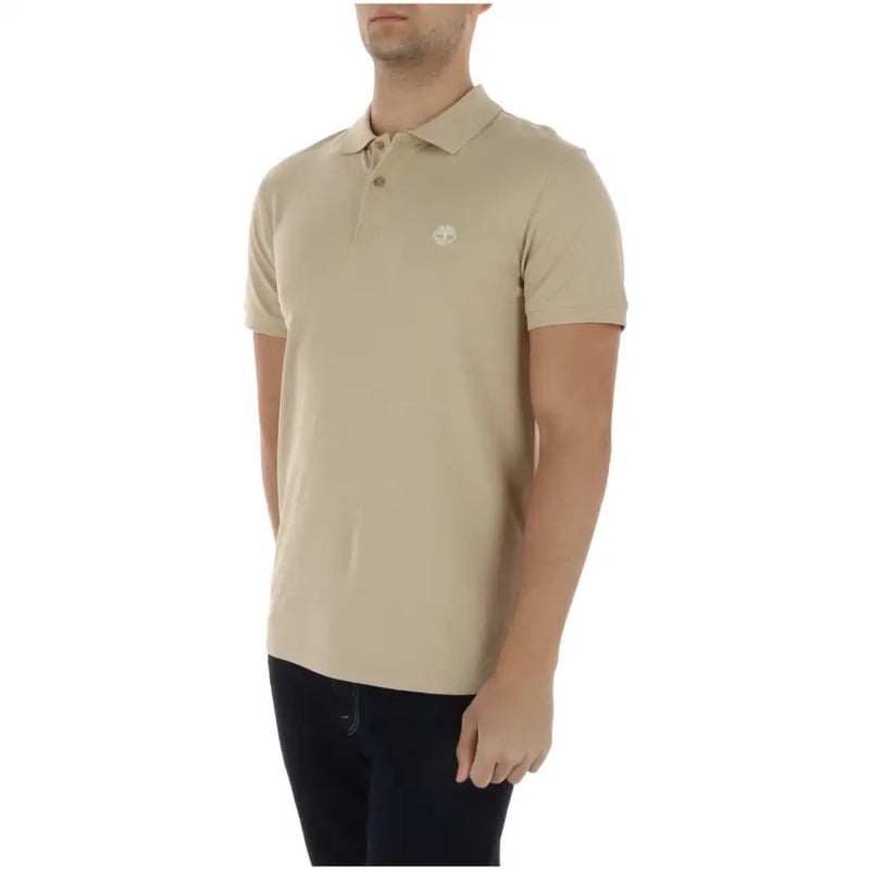Beige Timberland Herren-Poloshirt aus Baumwolle mit kurzen Ärmeln und einem dezenten, gestickten Logo auf der Brust