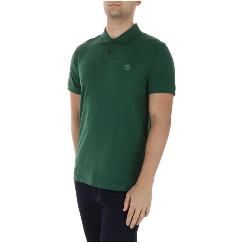 Dunkelgrün Timberland Herren-Poloshirt mit kurzen Ärmeln aus Baumwoll-Elastan-Gewebe und dezentem, gesticktem Logo auf der Brust