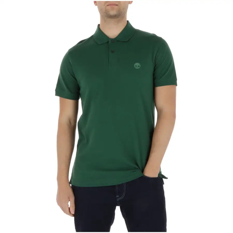 Dunkelgrün Timberland Herren-Poloshirt mit kurzen Ärmeln aus Baumwoll-Elastan mit dezentem, gesticktem Logo auf der Brust