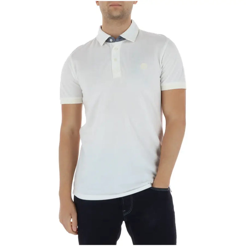 Timberland Herren-Polohemd, weiß, kurzärmelig, mit dezenter Struktur, 100 % Baumwolle, marineblauer Innenkragen, Bündchen.