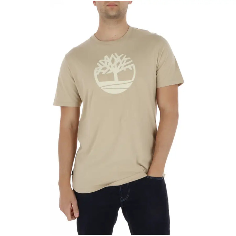 Beige Timberland Männer t-shirt Aus Holz gefertigt, mit einem weißen Baumlogo auf der Brust, für Freizeitkleidung