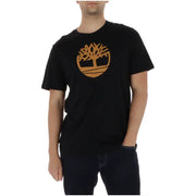 Schwarz Timberland Männer t-shirt mit einem markanten Orangenbaum-Logo auf der Brust, hergestellt aus komfortablem Stoff