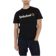 Schwarz Timberland Männer t-shirt mit cremefarbenem Logo und Baum-Emblem auf der Brust aus Baumwollstoff