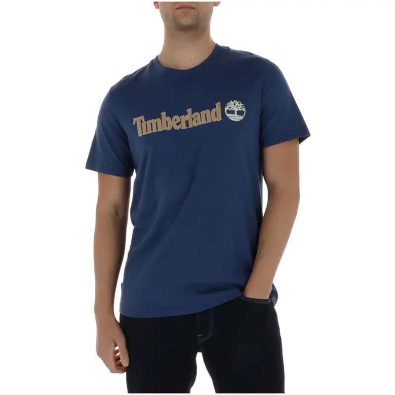 Marineblau Timberland Männer t-shirt mit goldfarbenem Logo und Baum-Emblem auf der Brust aus Baumwollmaterial