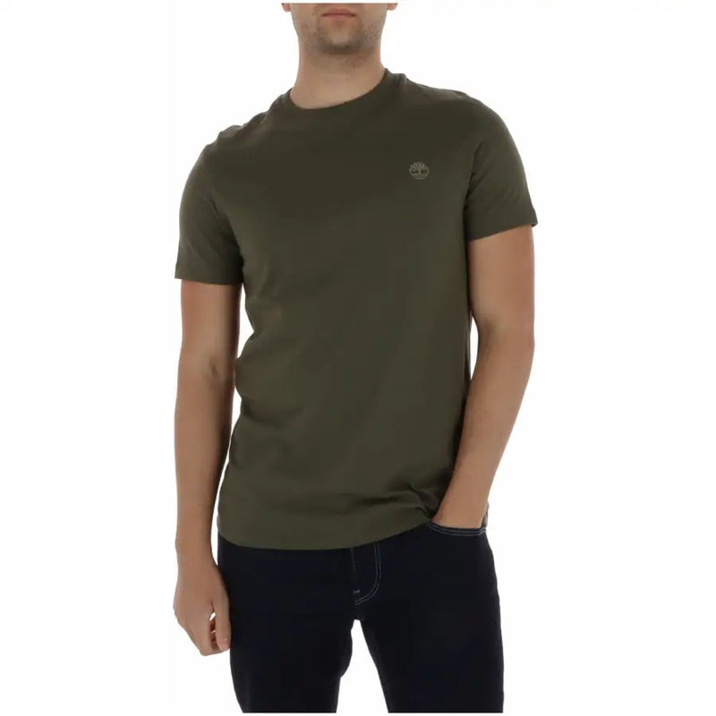 Olivgrün timberland Männer t-shirt mit Rundhalsausschnitt und kleinem gesticktem Logo auf der linken Brust, lässige Baumwollkleidung