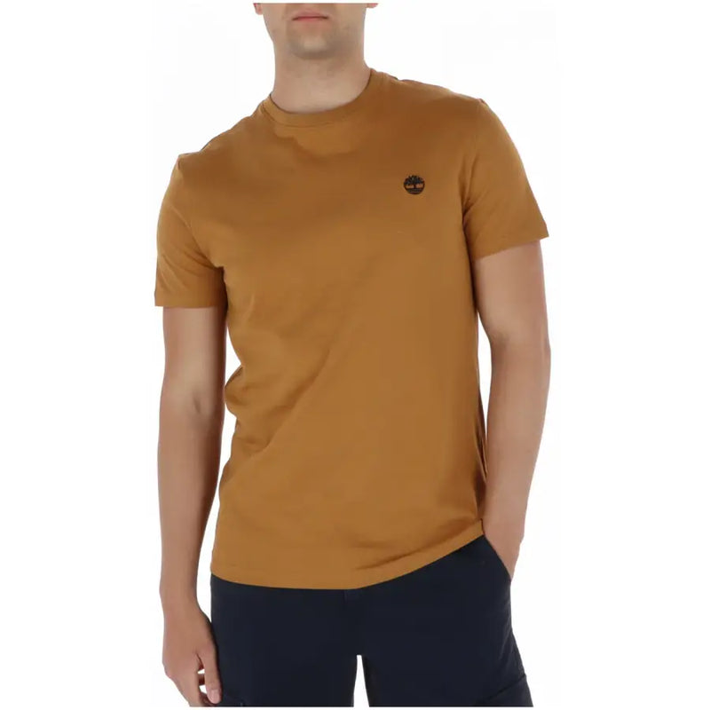 Timberland Herren-T-Shirt aus warmem, bernsteinfarbenem Baumwollstoff mit gesticktem Baum-Logo auf der linken Brust, Kurzarm-Design