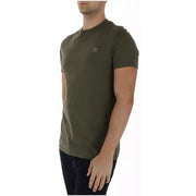 Timberland men olive green crew neck t-shirt with small embroidered logo on left chest in cotton material