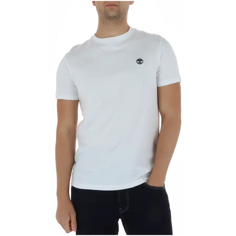 Weiß Timberland Männer t-shirt Rundhalsausschnitt mit kleinem schwarzen Logo auf der linken Brust aus weichem Baumwollmaterial