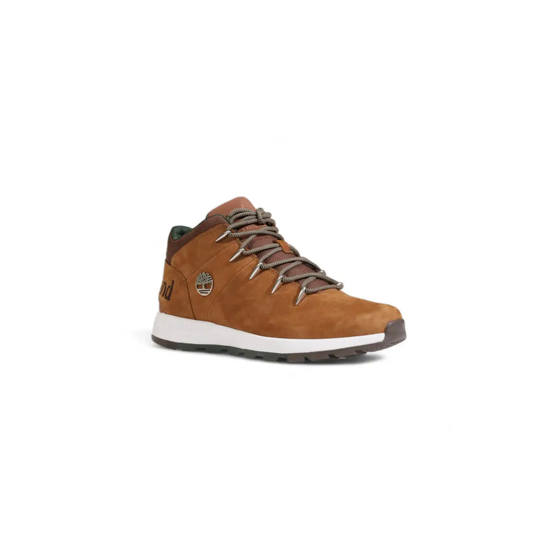 Tan suede timberland men’s high-top sneaker with brown laces and white rubber sole for fall winter use