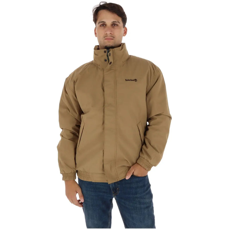 Timberland Herren-Steppjacke in Hellbraun mit hohem Kragen und Frontreißverschluss, Vorderansicht