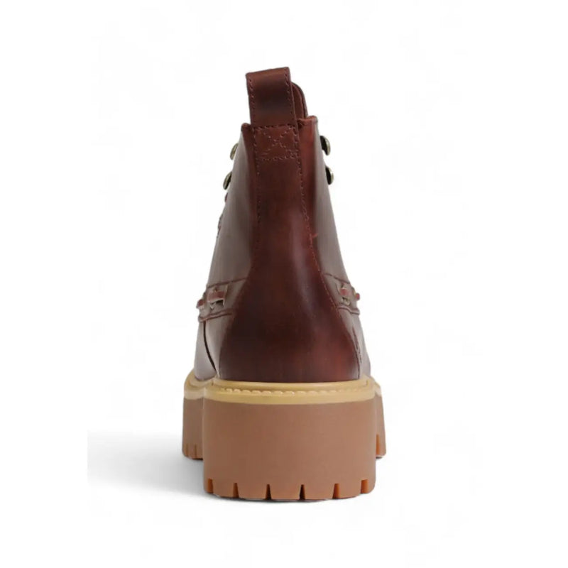 Timberland women brown polyurethane mid lace boot with chunky tan rubber sole and silver eyelets ankle boot