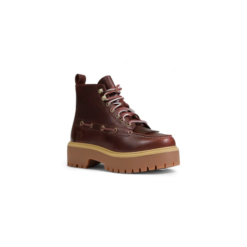 Timberland women brown polyurethane mid lace boot with brown leather upper and chunky tan rubber sole