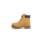 Timberland women leather ankle boots beige lace up with tan leather and brown rubber sole and heel visible from the back side