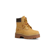 Timberland women leather ankle boots beige lace up with tan 6 inch boot style brown rubber sole and yellow laces