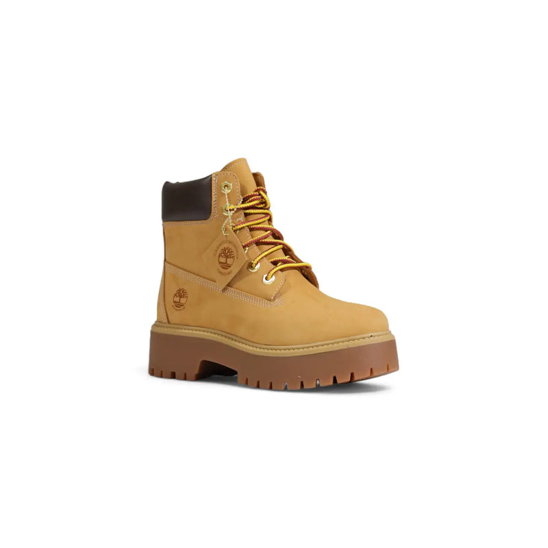 Timberland women leather ankle boots beige lace up with tan 6 inch boot style brown rubber sole and yellow laces