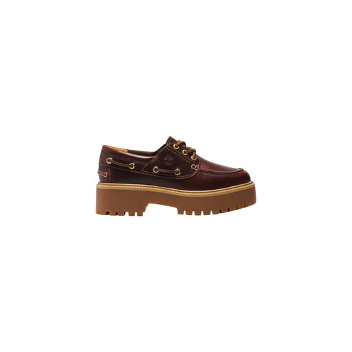 Timberland Damen-Schnürschuhe aus Leder, bordeauxfarben, mit braunem Leder timberland Bootsschuh mit klobiger, hellbrauner Sohle und goldenen Ösen