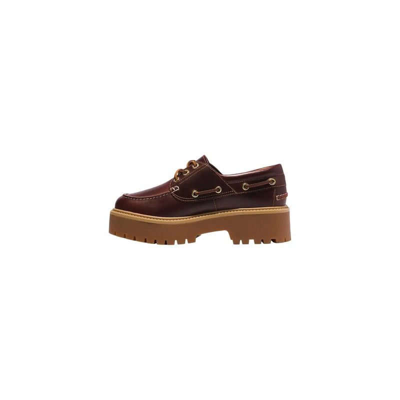 Timberland women leather lace ups shoes bordeaux featuring brown leather boat shoe design with chunky tan platform sole and gold eyelets