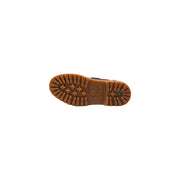 Brown timberland women leather lace ups shoe sole with rugged tread pattern and logo embossed near the heel