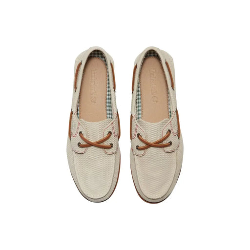 Timberland Damen-Ledermokassins, beige mit cremefarbenem, strukturiertem Leder, hellbraunen Schnürsenkeln und braunen Nähten