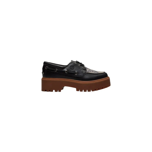 Timberland Schwarzer Damen-Plateauschuh aus Leder mit strukturierter Zehenkappe und brauner Gummisohle