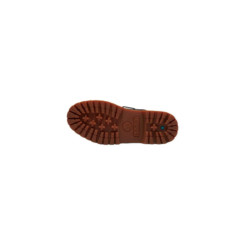 Back view of timberland women leather platform shoes black with brown rubber sole deep tread and embossed logo on heel