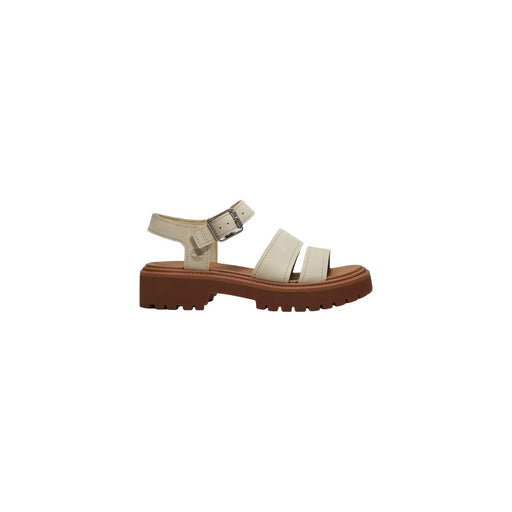 Timberland Beige Damen-Ledersandalen mit klobiger brauner Gummisohle und silbernem Schnallenverschluss